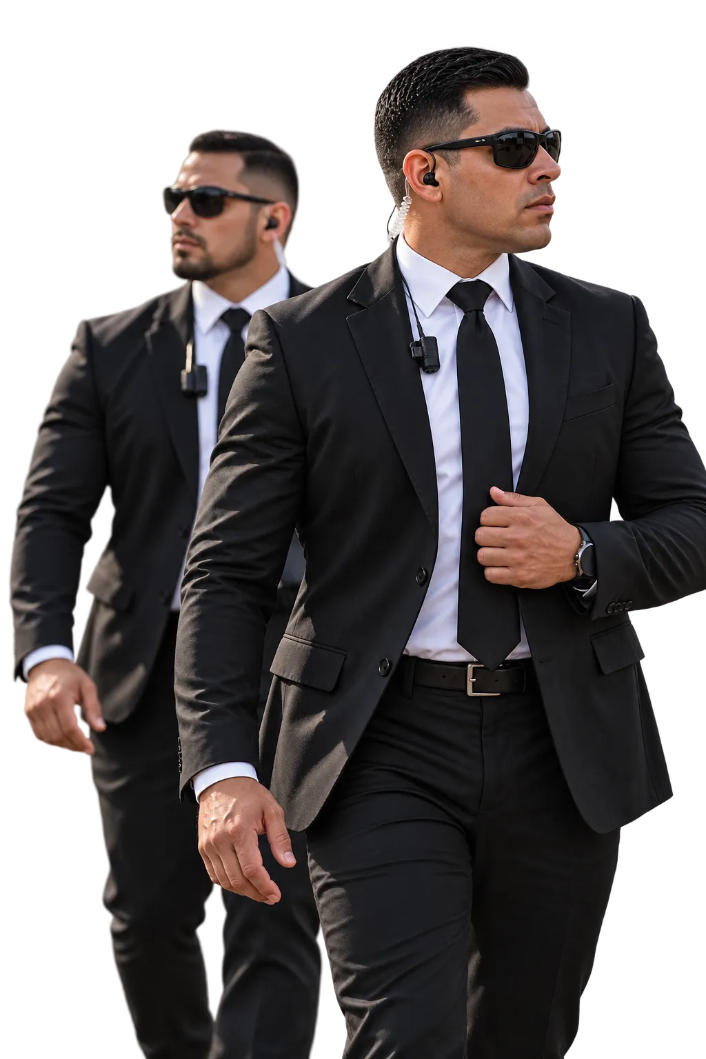 Dos escoltas ejecutivos de traje negro con auricular